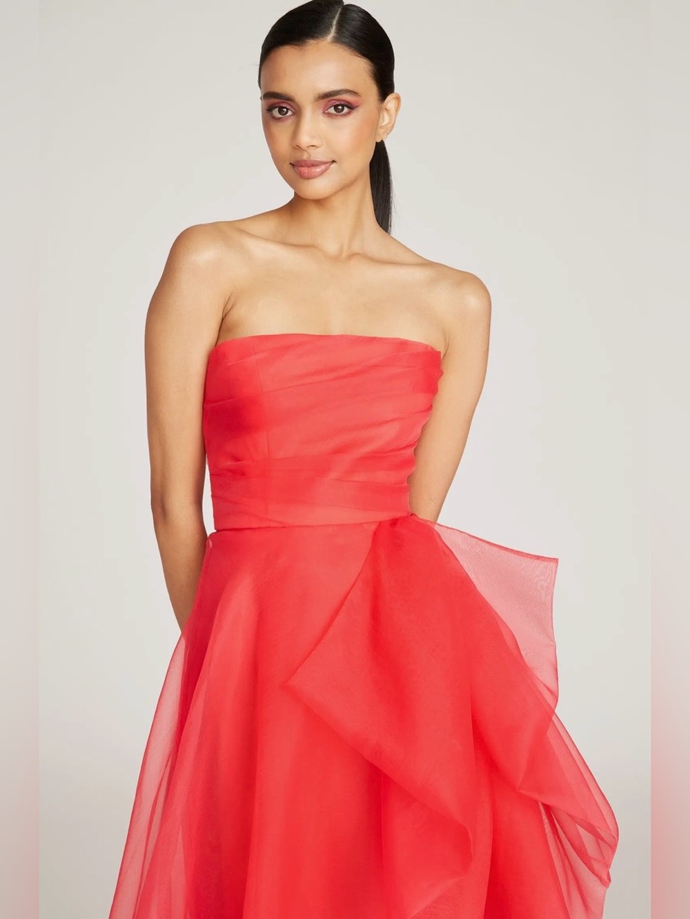 THeIA Teresa Strapless Draped Gown Red Ruffled Strap Evening Dress Size 8 - Picture 3 of 16
